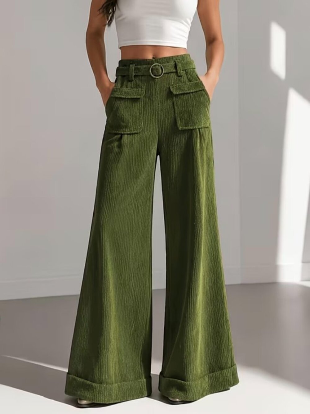 Women'S Olive Green Wide Leg Pants High Waist Solid Color Beltless Pocket Pants
